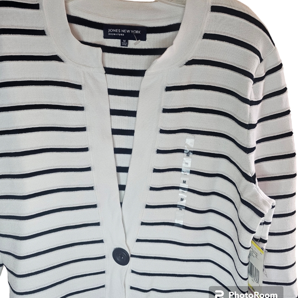 Jones New York women's black/white V-neck 3/4 sleeves cardigan size M - Picture 3 of 7